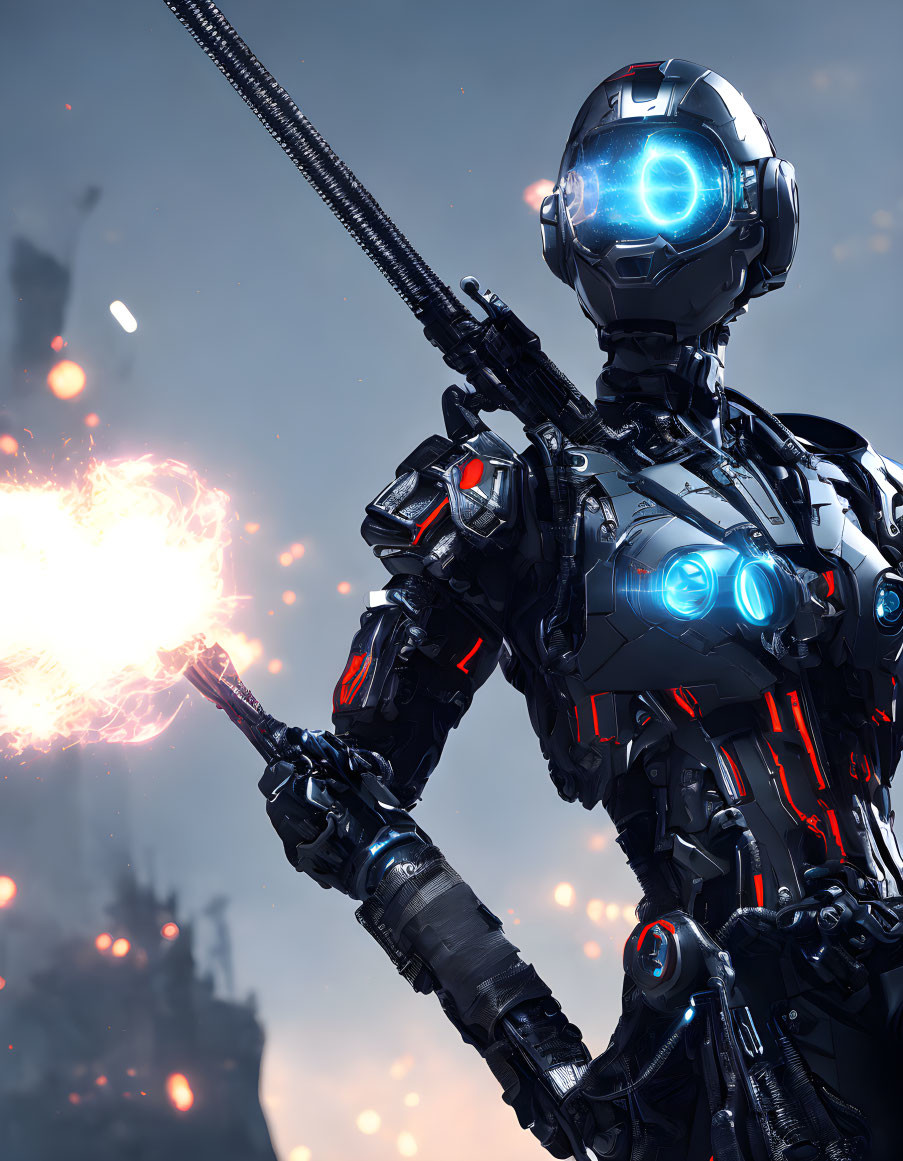 Futuristic robot with glowing blue head and gun in debris-filled backdrop