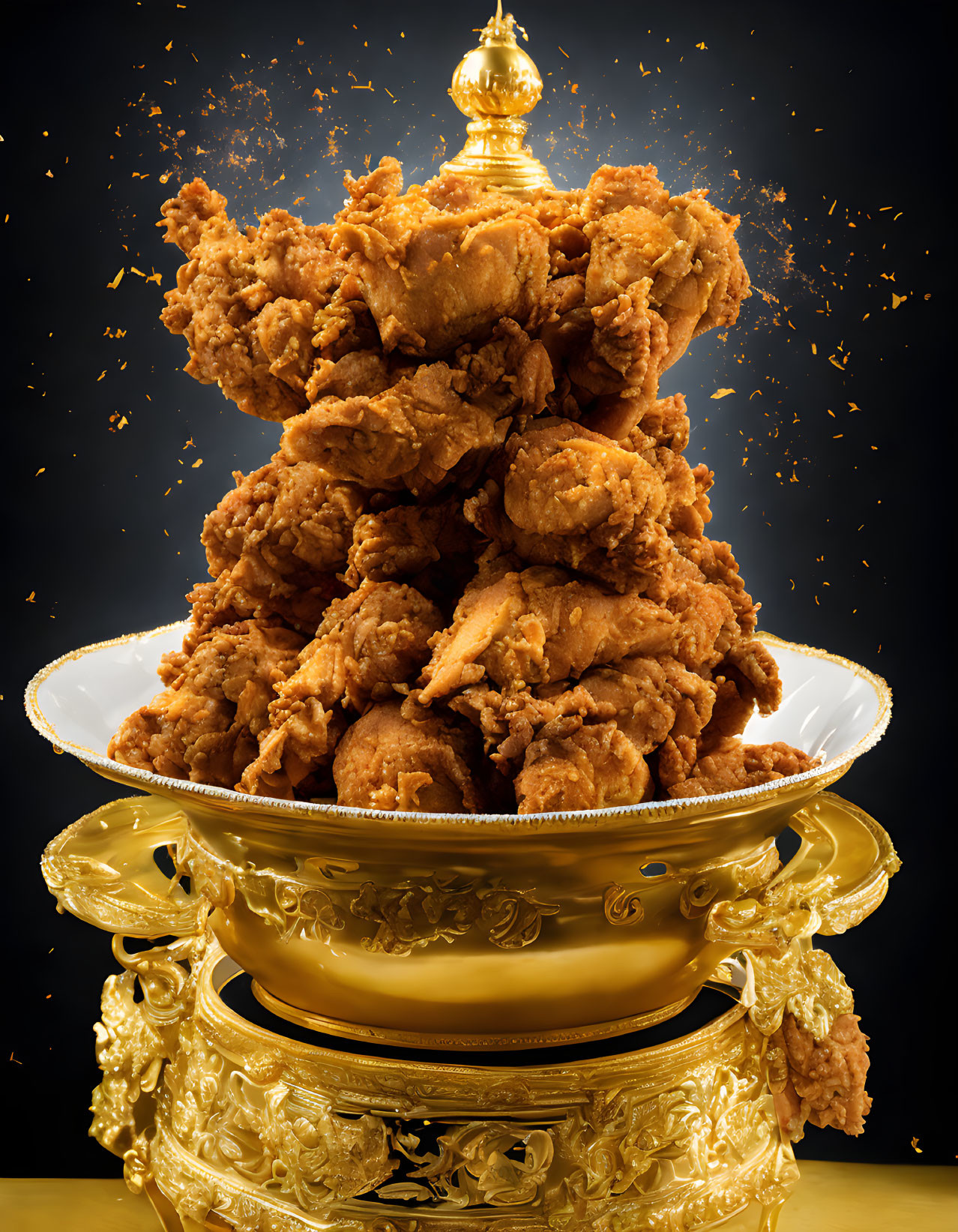 Crispy fried chicken stack on golden trophy with flying crumbs