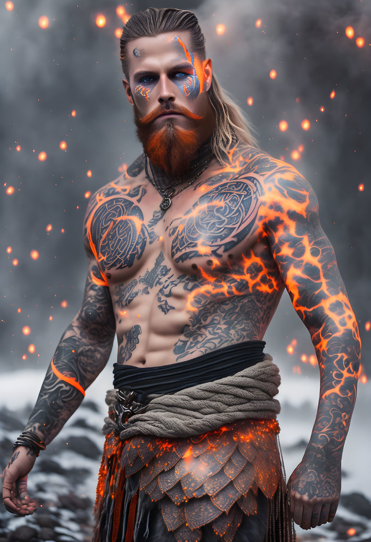 Shirtless man with lava tattoo, beard, and painted face in misty setting