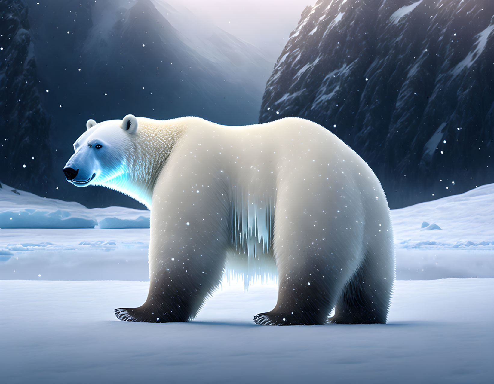 Polar bear in snowy landscape under twilight sky