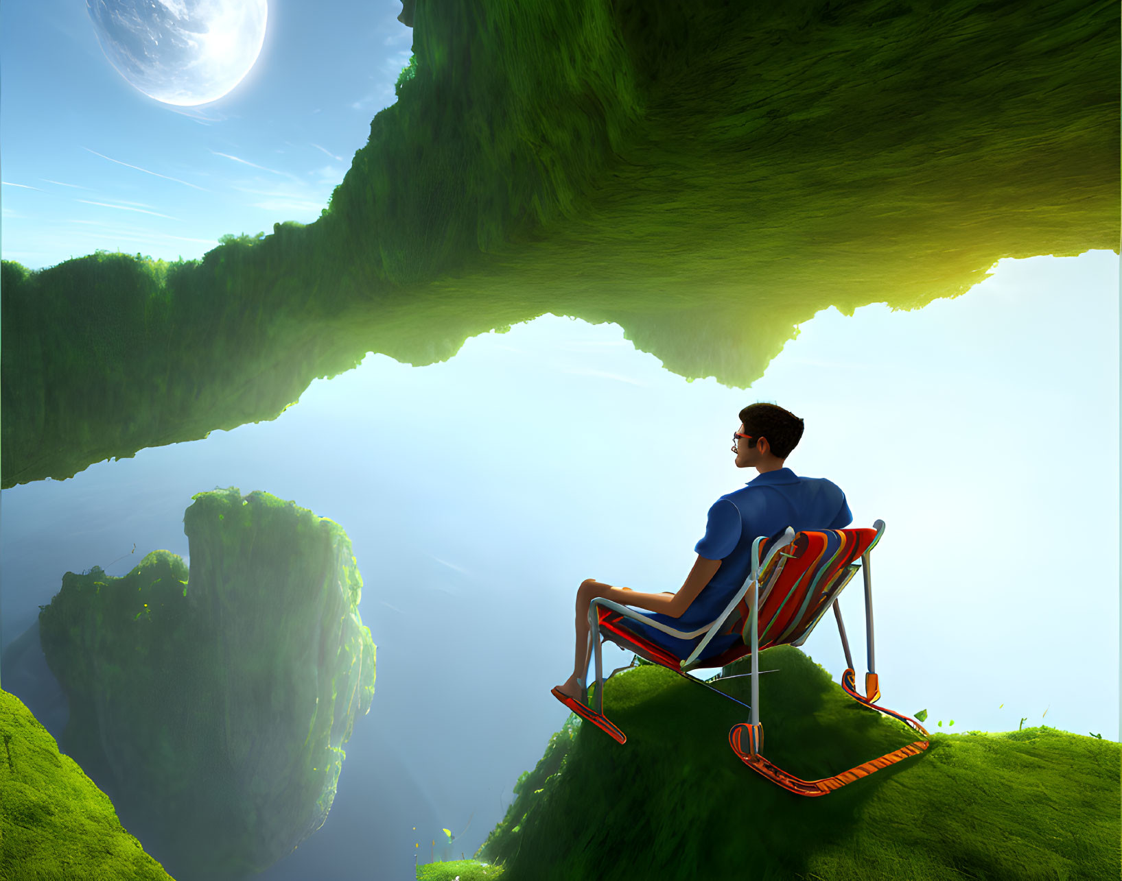 Man sitting on chair on cliff edge, surreal landscape with floating islands and large moon