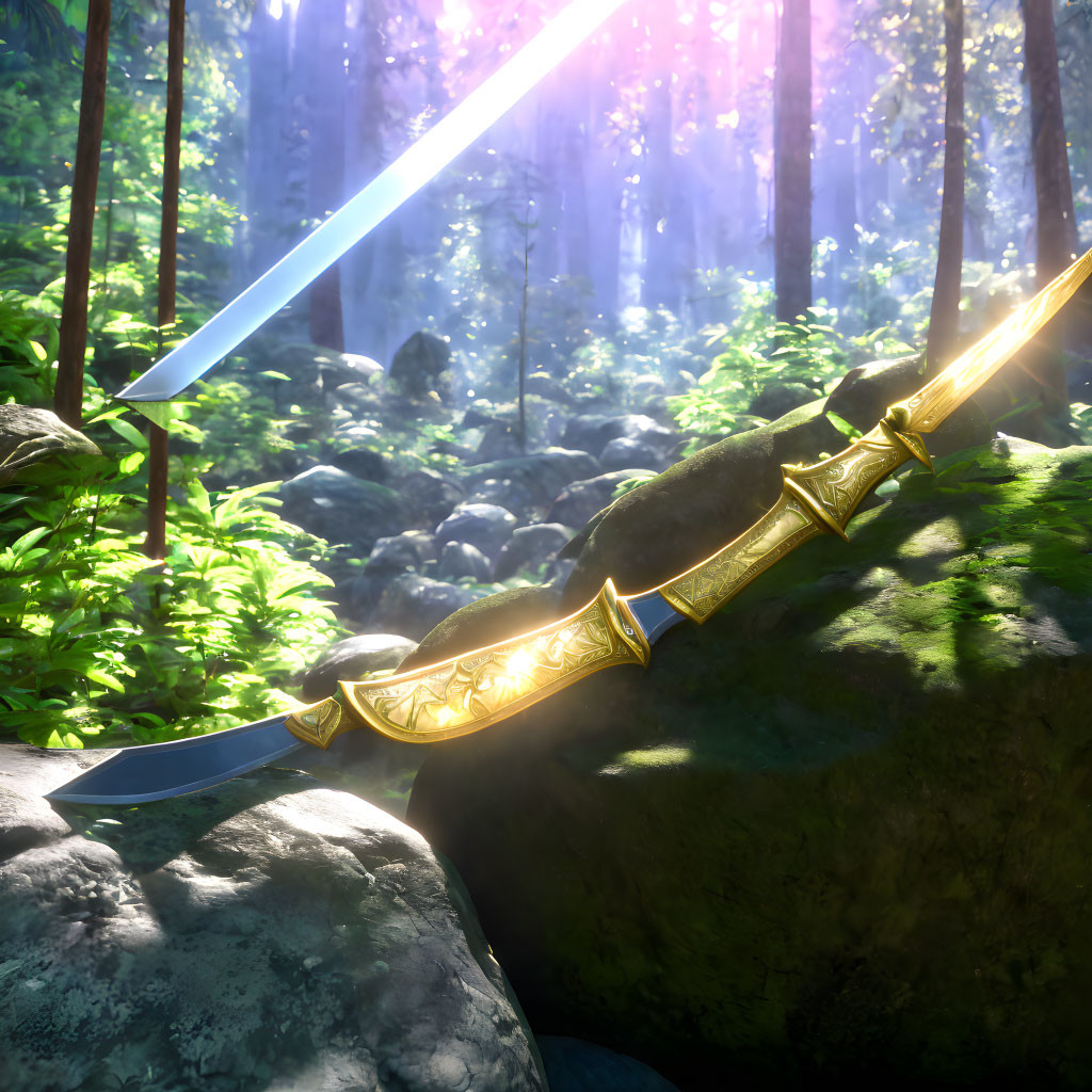 Golden Sword with Blue Blade on Mossy Rock in Sunlit Forest Clearing