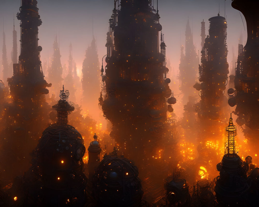 Mysterious cityscape with towering structures and warm glow against hazy backdrop