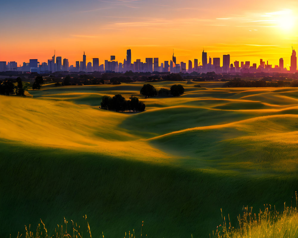 Green hills and city skyline against orange sunset background.