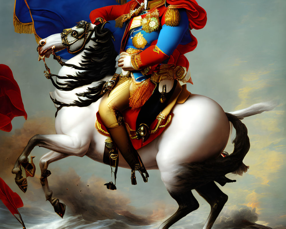 Regal figure in blue uniform on horseback with gold decorations against sky background.