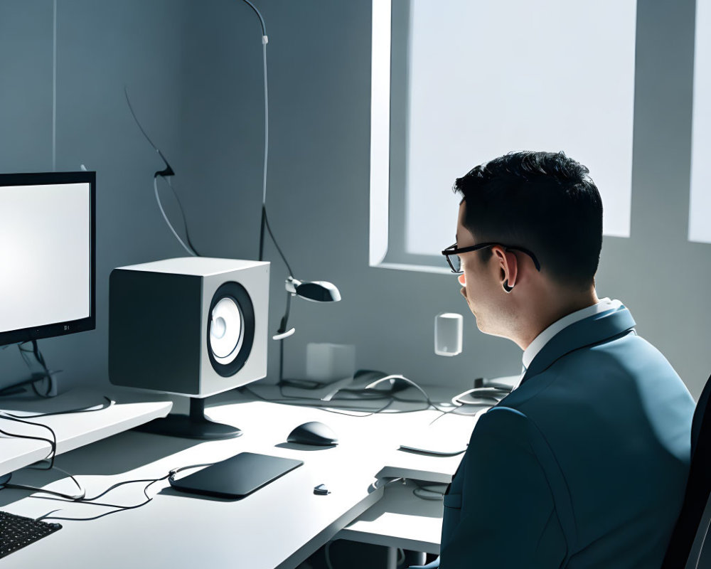 Modern workspace with man in suit and office equipment under natural light