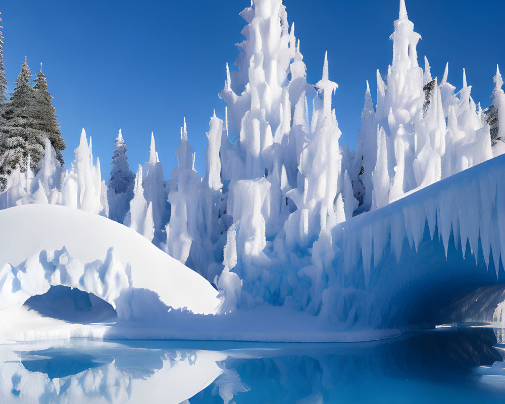 Winter scene: Snow-covered trees and icicles by serene blue lake