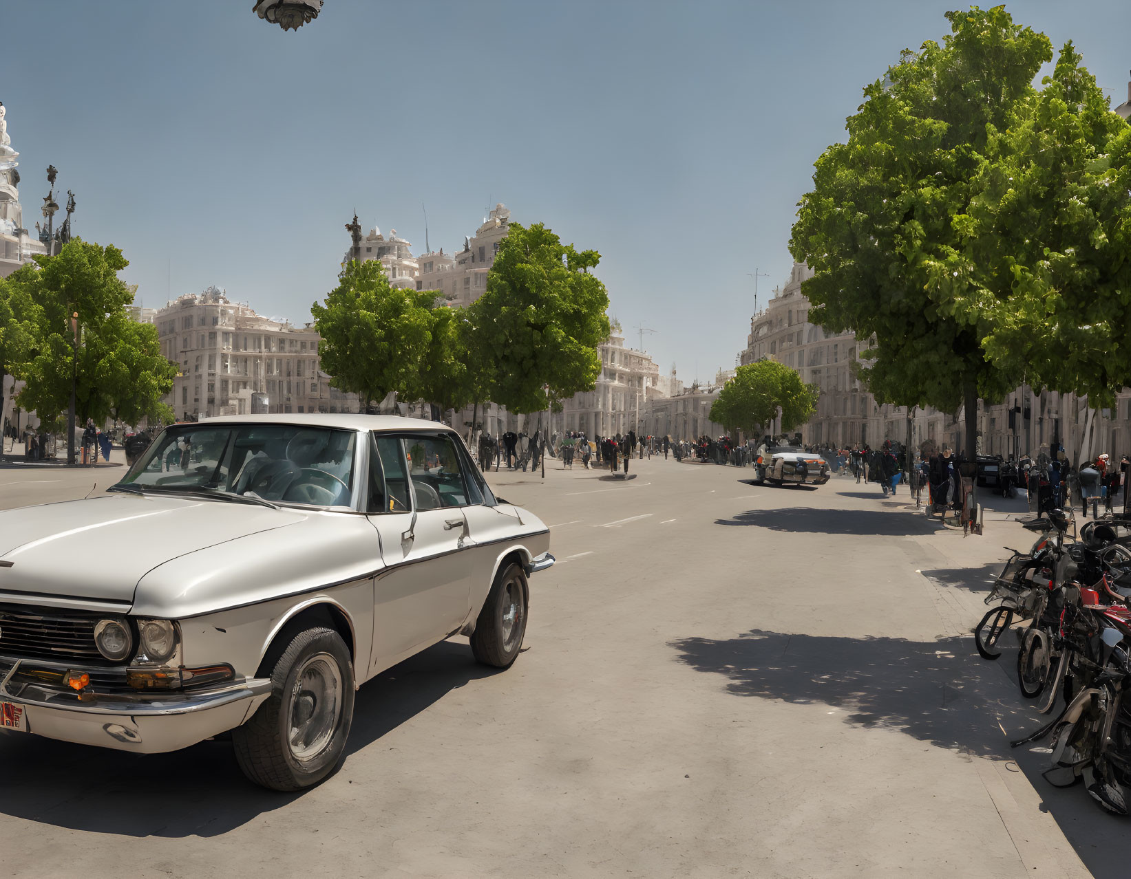 Vintage White Car Parked on Sunny Street with Pedestrians and Classic Architecture