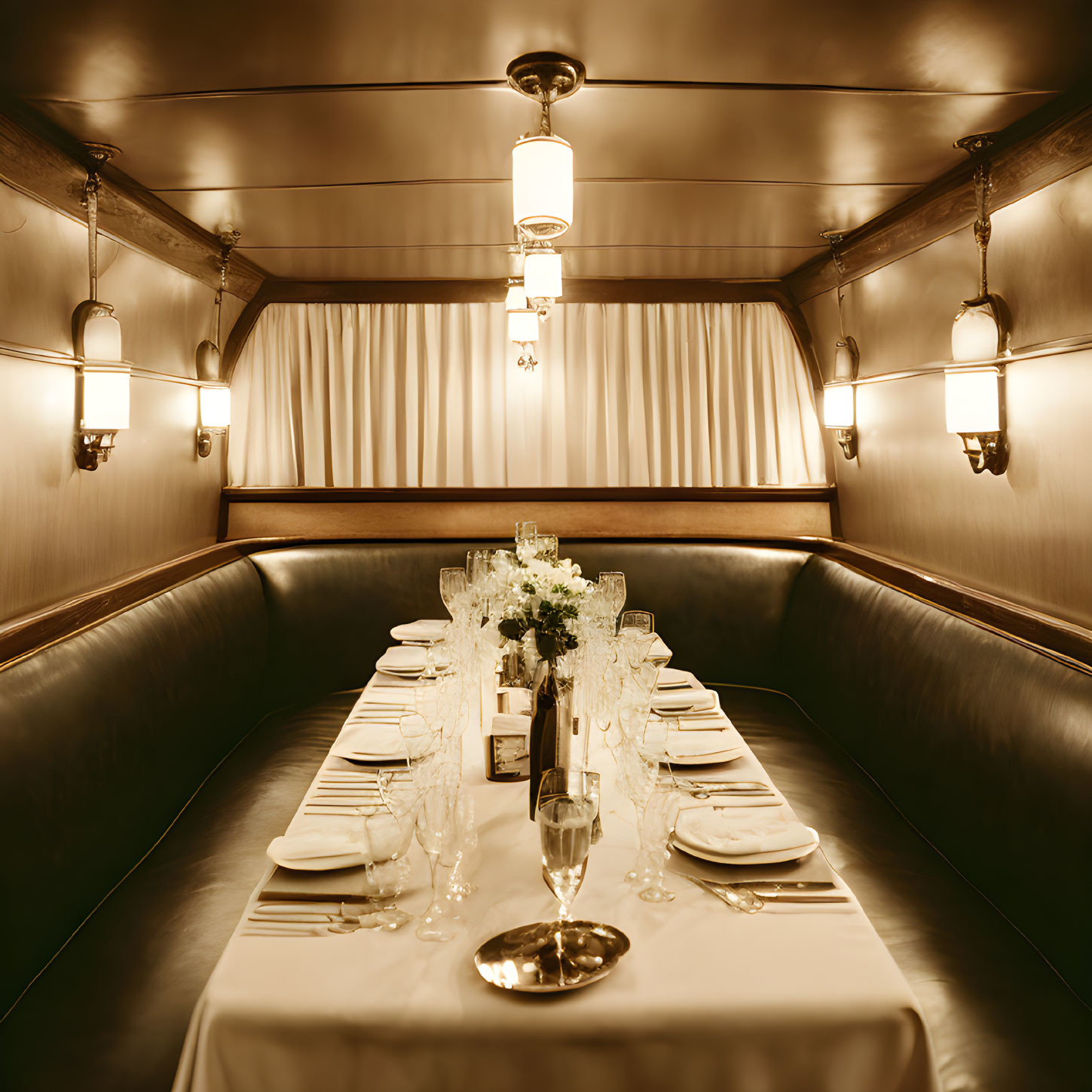 Luxurious Private Dining Car with Long Table and Leather Seats