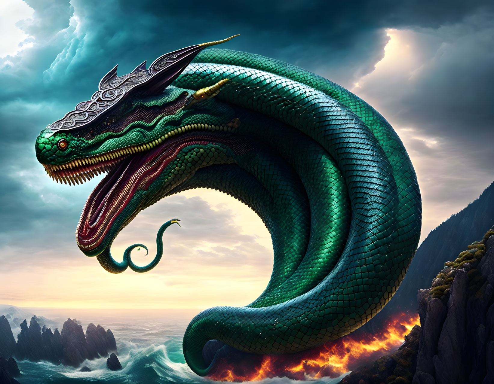 Majestic green dragon on craggy cliff in fiery landscape