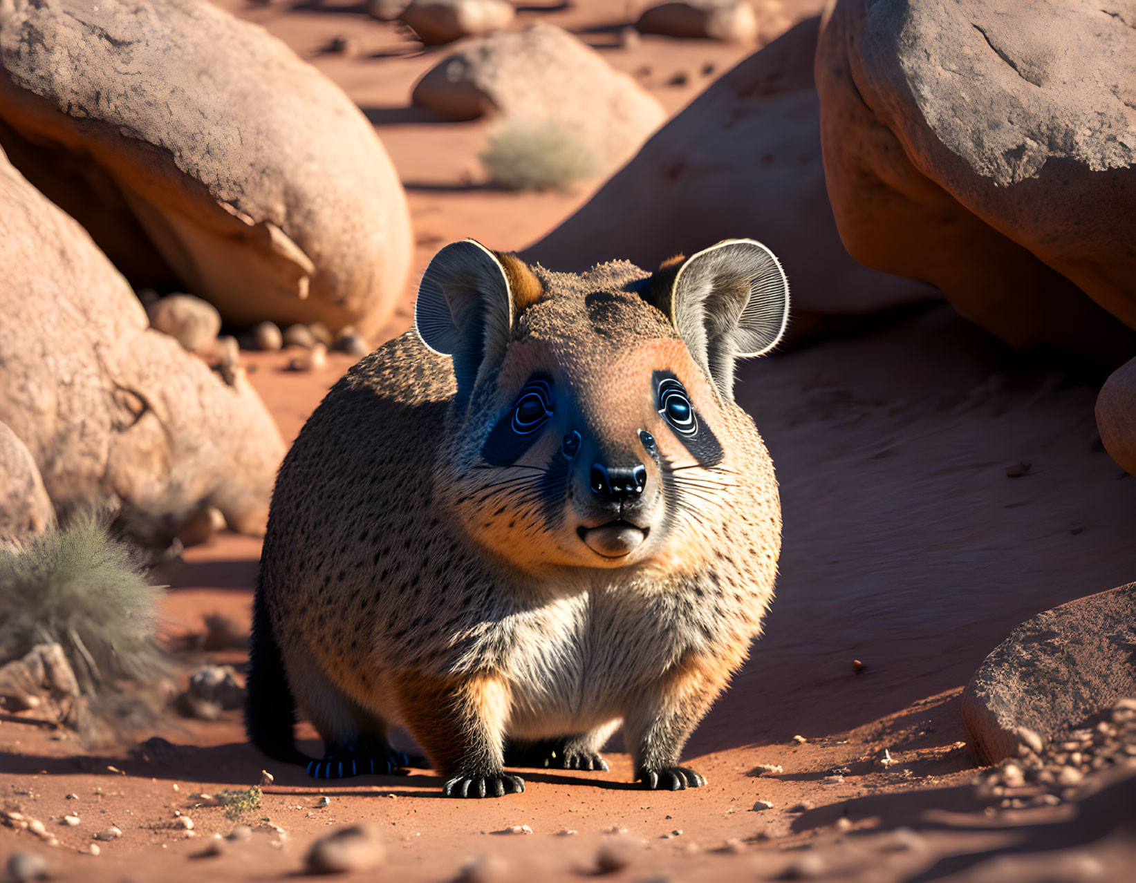 Animated hyrax in desert landscape with round eyes and soft fur