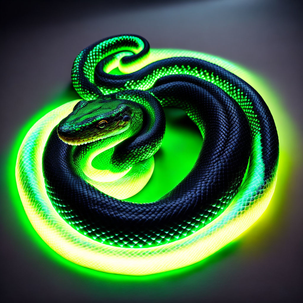 Vividly Green Illuminated Snake Coiled Against Dark Background