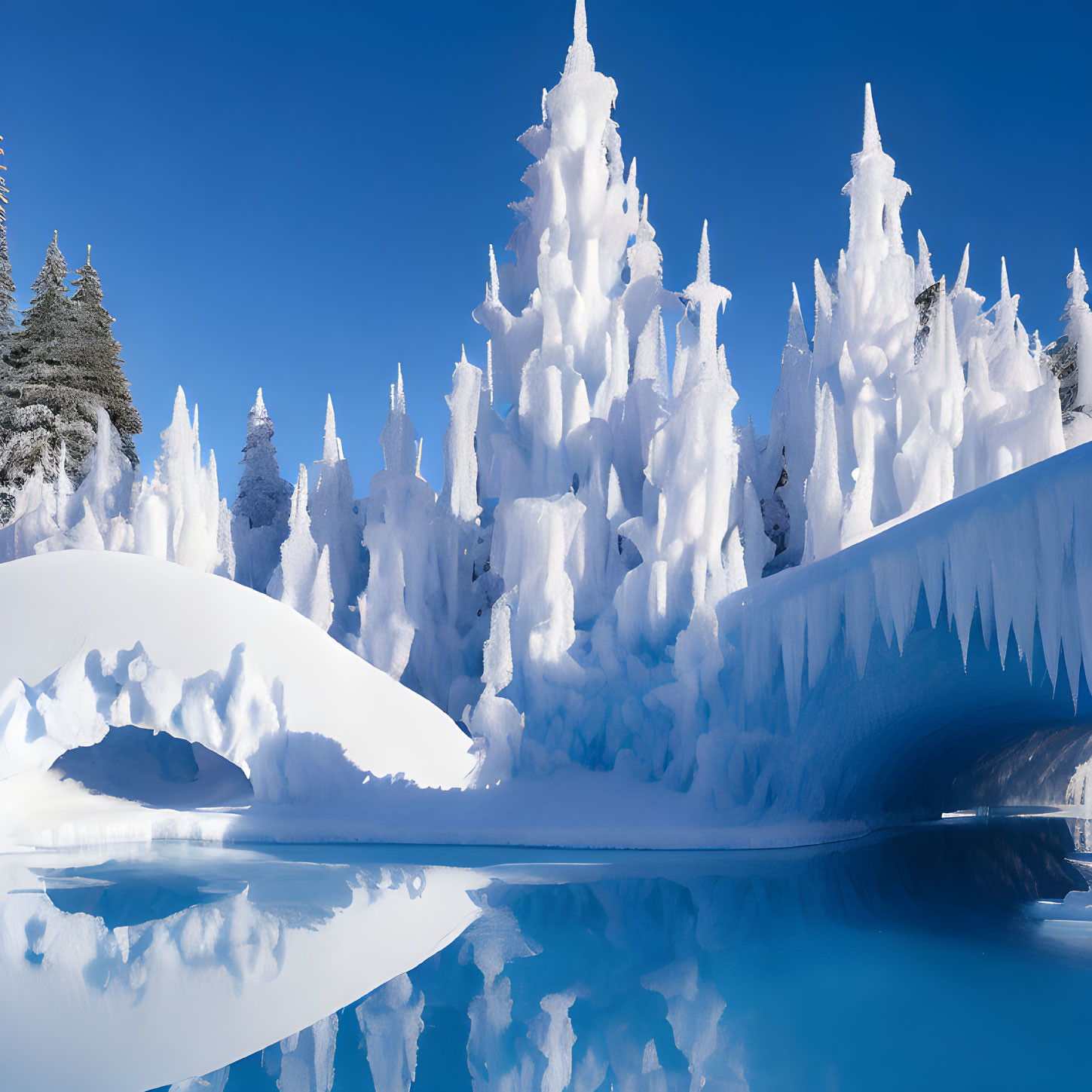 Winter scene: Snow-covered trees and icicles by serene blue lake