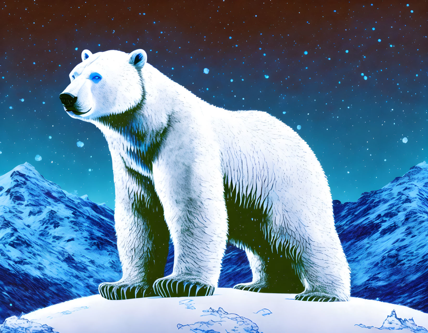 Polar bear on snowy mound under starry sky