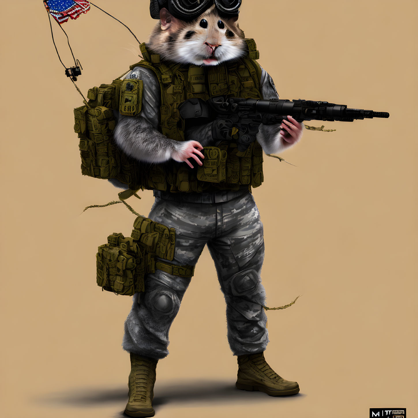 Anthropomorphic hamster in military gear with American flag patch