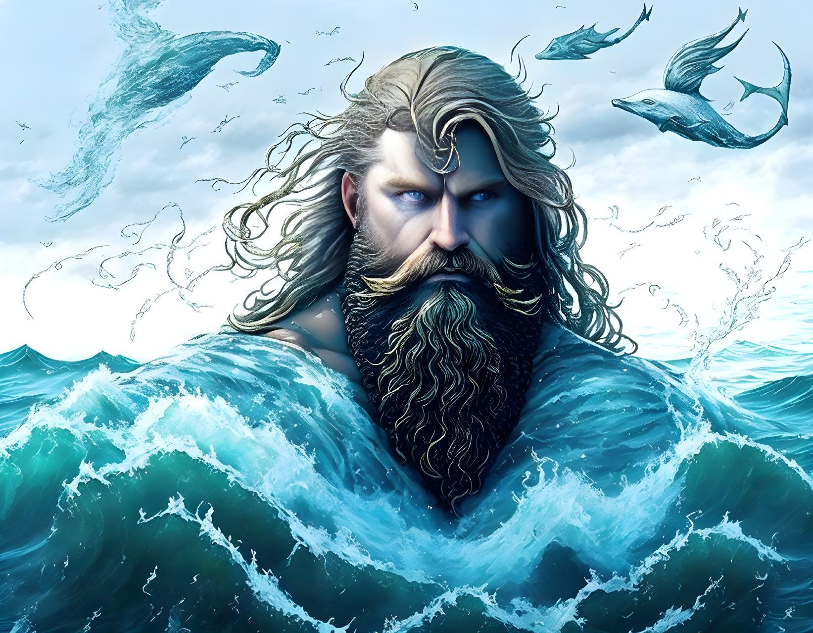 Mythical sea king digital art: flowing beard, mane, ocean waves, flying fish.