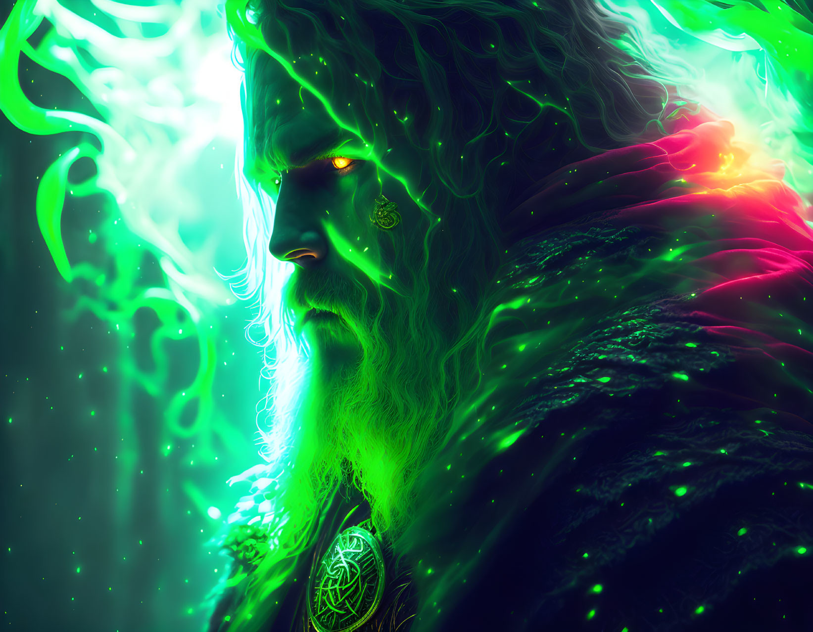 Mystical wizard with glowing green eyes and magical cloak