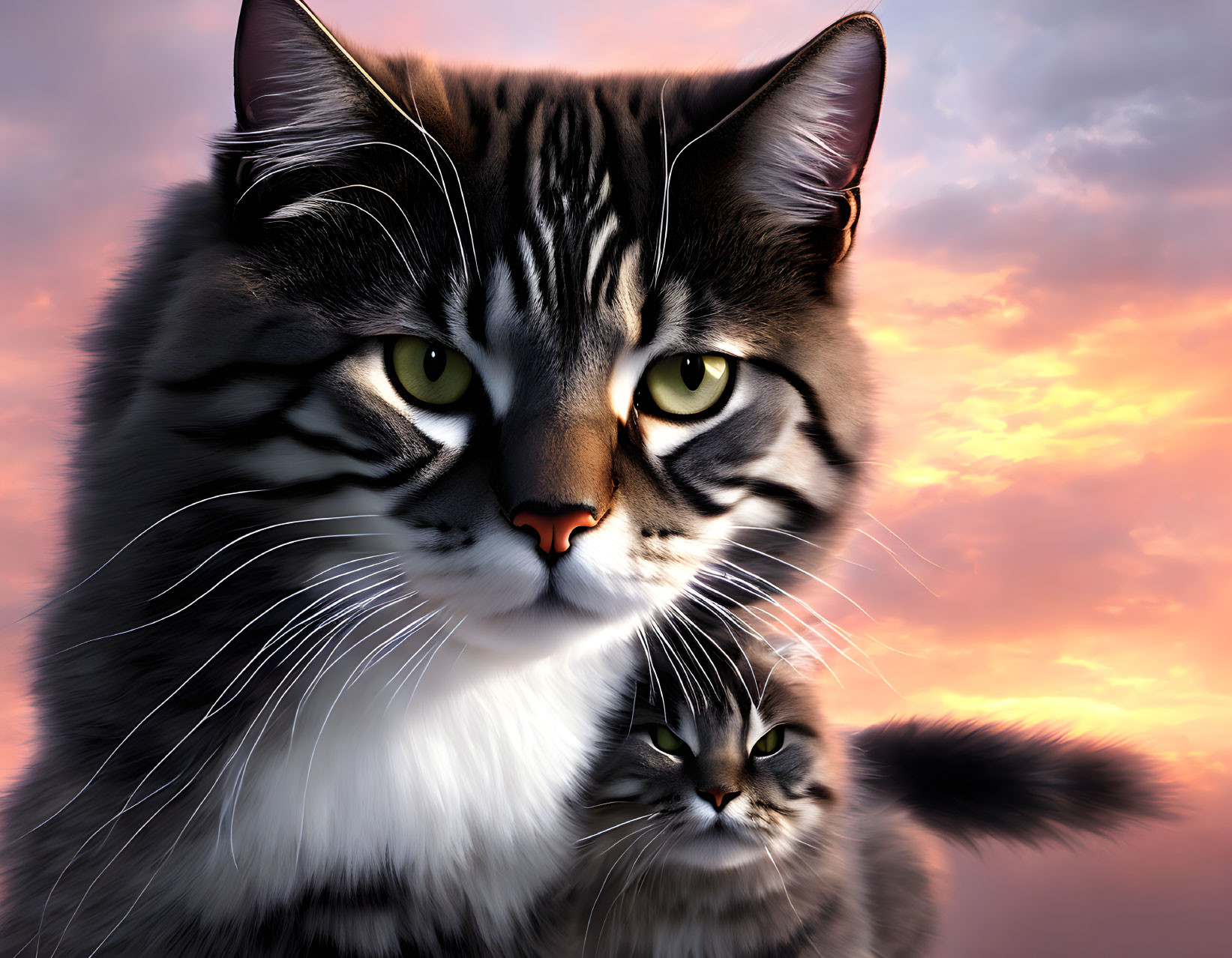 Digital Art: Two Striped Cats with Green Eyes in Pink and Orange Sky