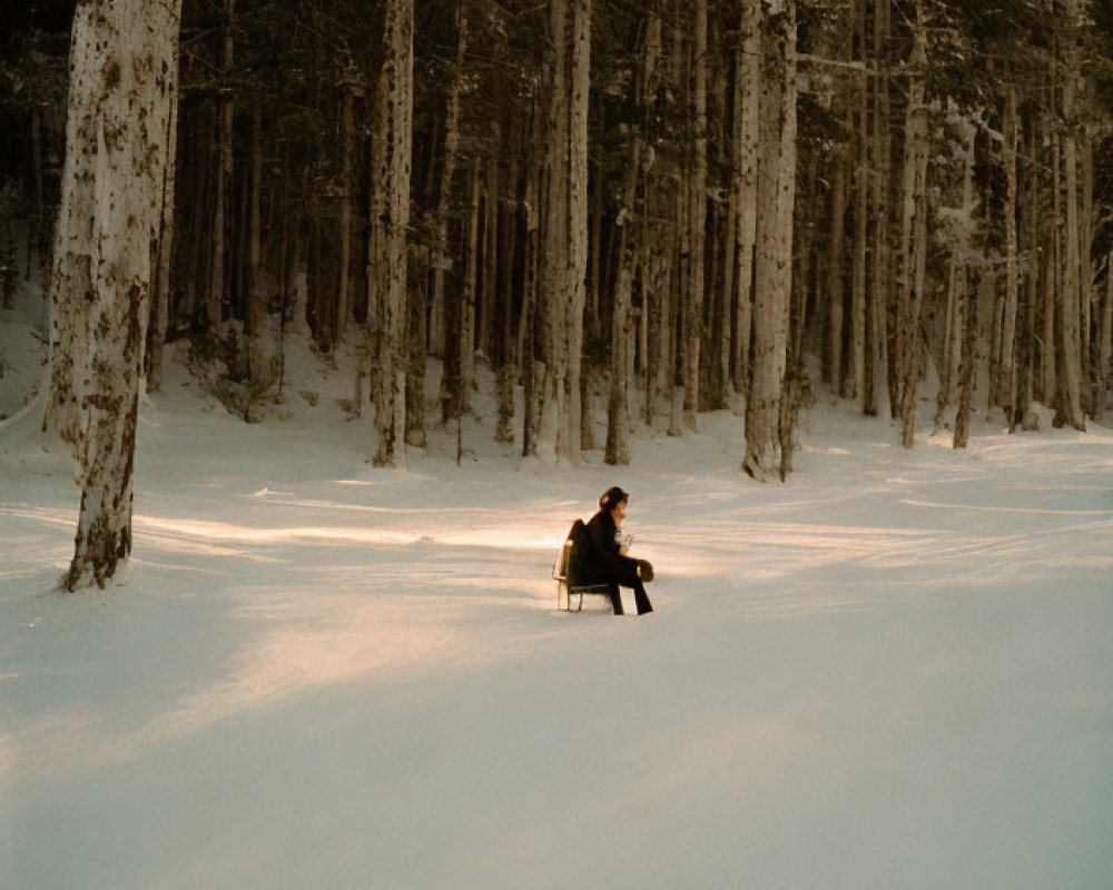 Person sitting on snowy forest bench under sunlight.