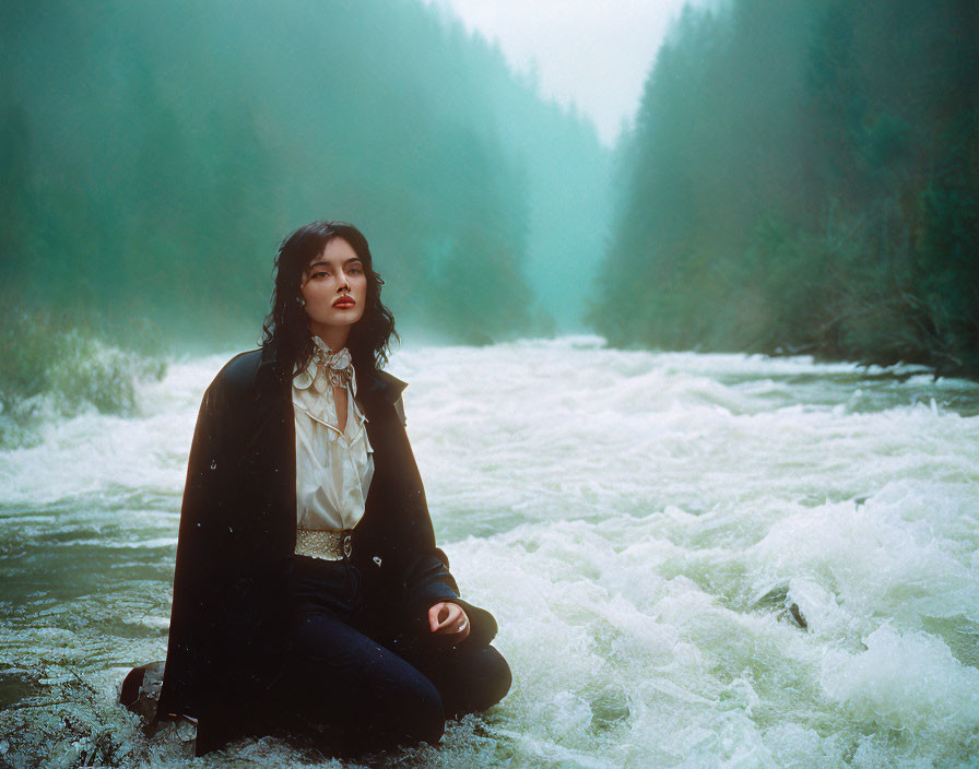 Elegant Woman Sitting by Tumultuous River in Misty Forest