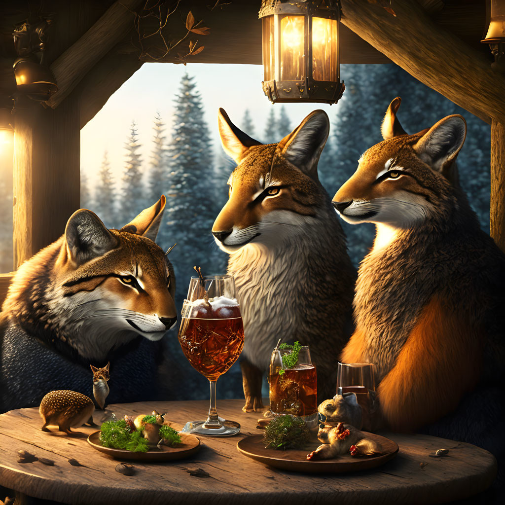 Anthropomorphic foxes having a cozy meal in a winter forest