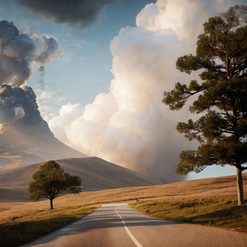 Scenic winding road through hilly landscape with lush trees under dramatic sky