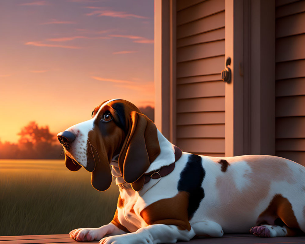 Basset hound on wooden porch at sunset with warm light