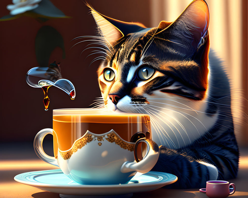 Tabby Cat with Surprised Expression Behind Oversized Teacup