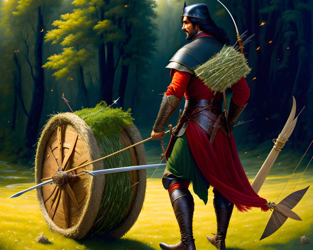 Medieval archer in forest clearing with arrows and target wheel.