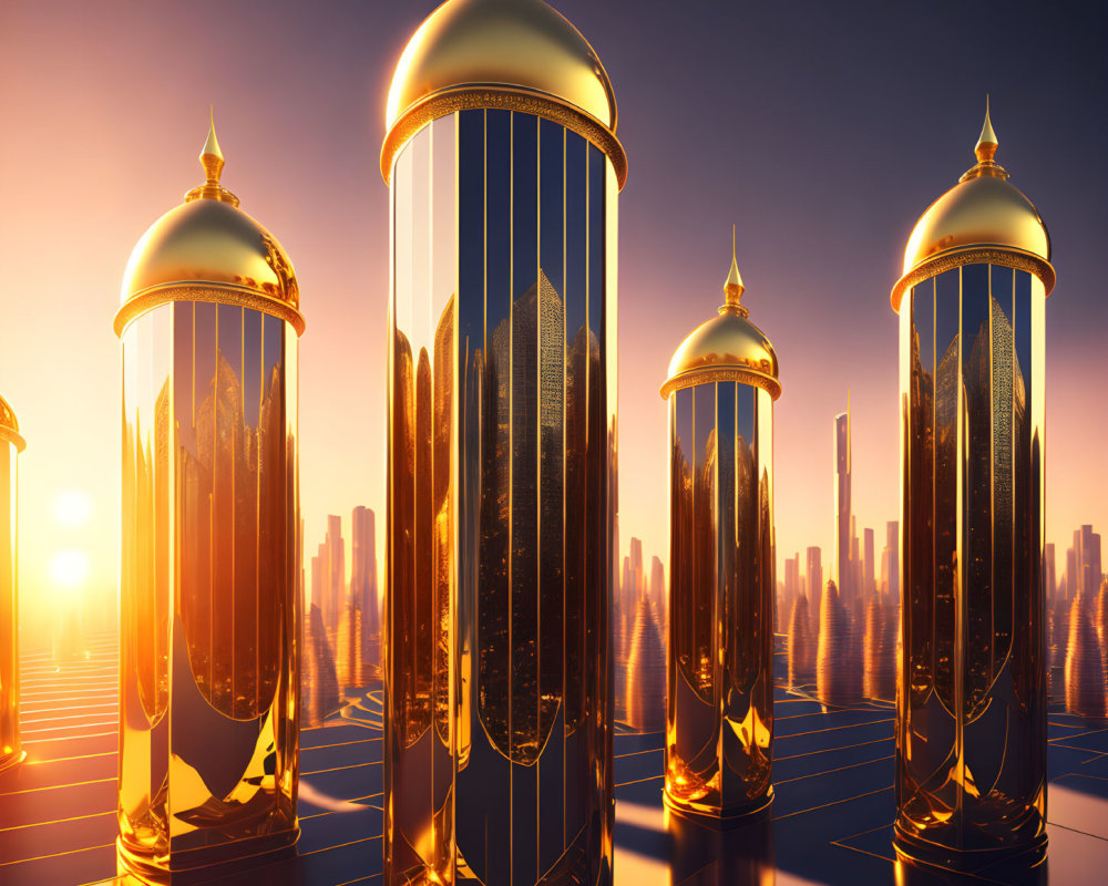 Golden cylindrical structures with domed tops in cityscape sunset scene