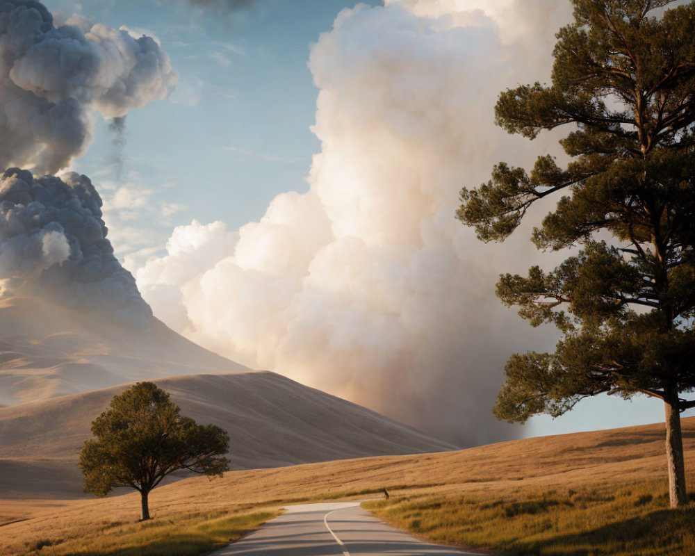 Scenic winding road through hilly landscape with lush trees under dramatic sky