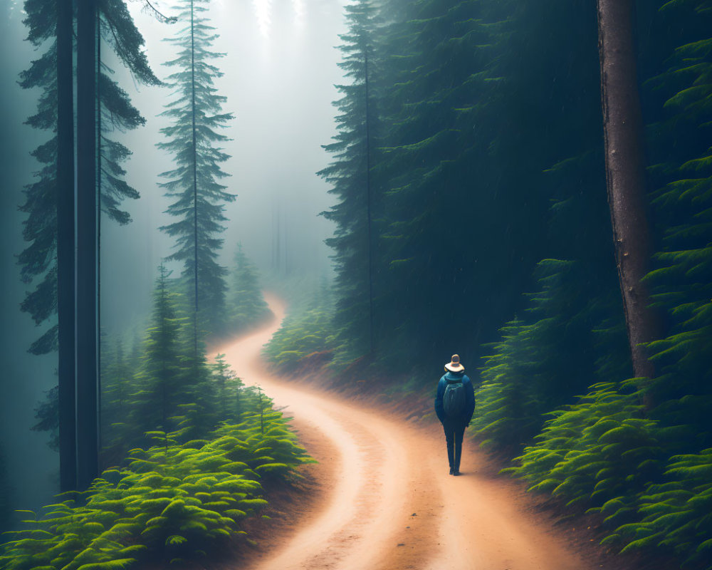 Person walking on winding path through misty green forest with sunbeams.