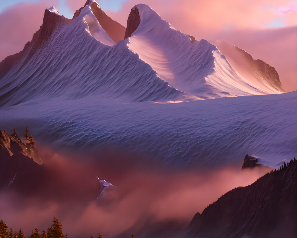 Majestic snow-covered mountain peaks at sunrise or sunset over misty forest