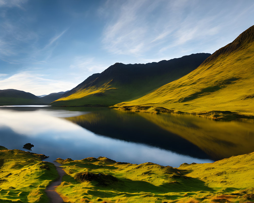 Tranquil lake reflecting grassy hills and cloudy sky with meandering path