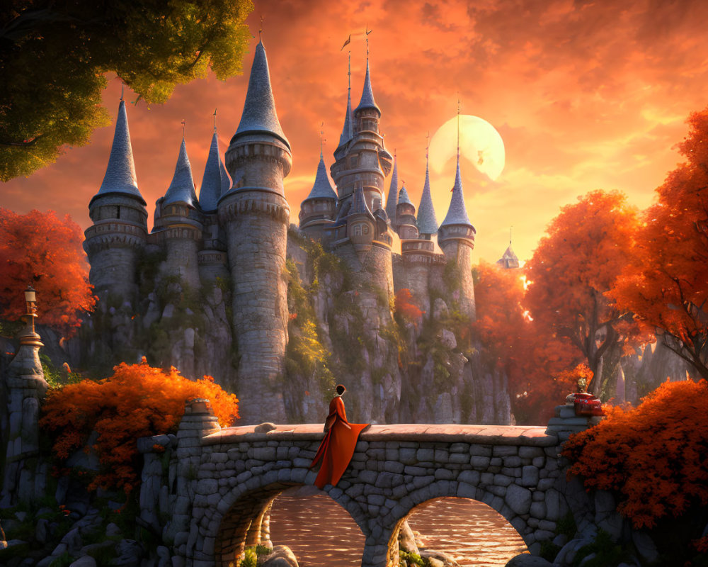 Person in red cloak on stone bridge to castle in autumn landscape