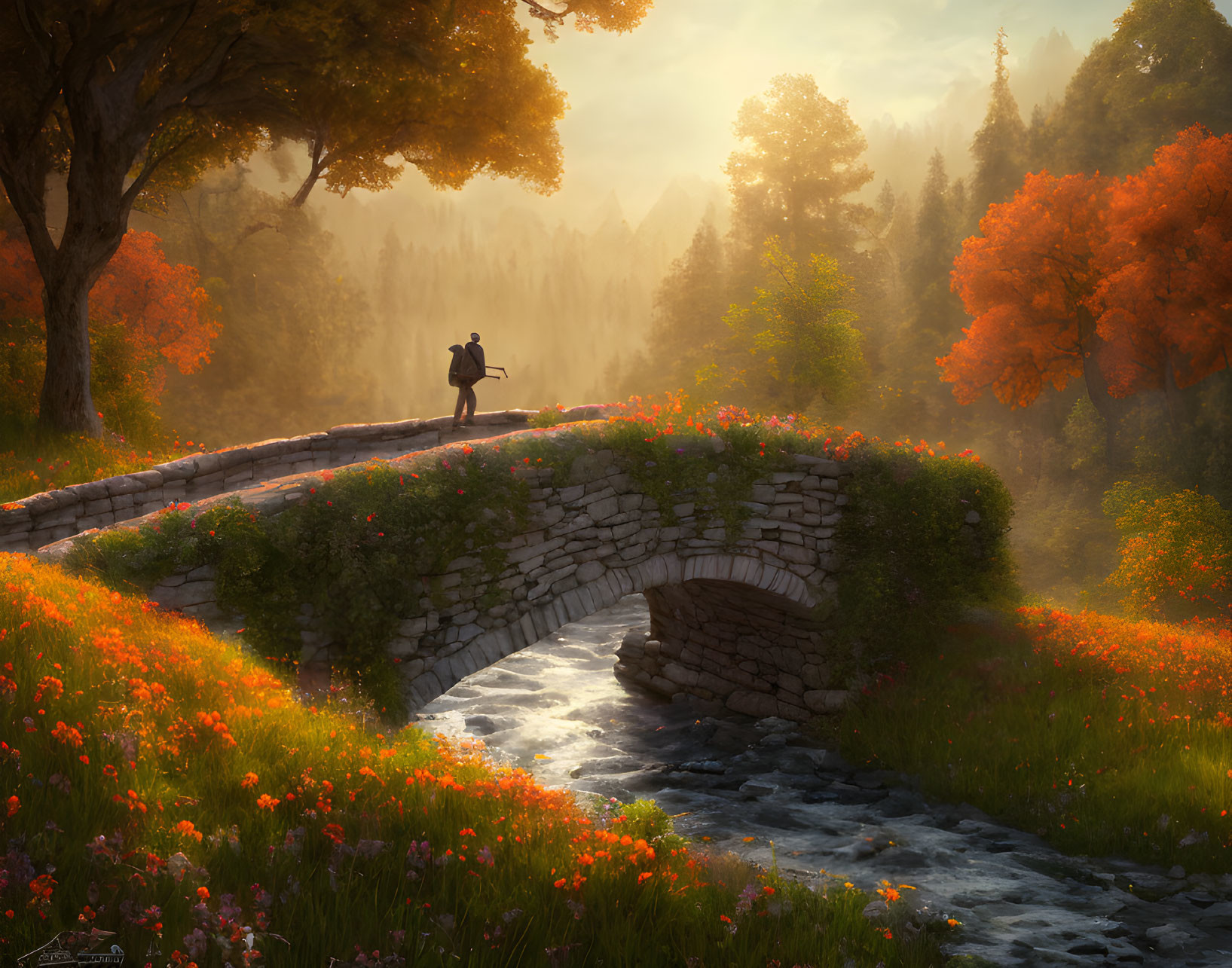 Person on Arched Stone Bridge in Vibrant Landscape