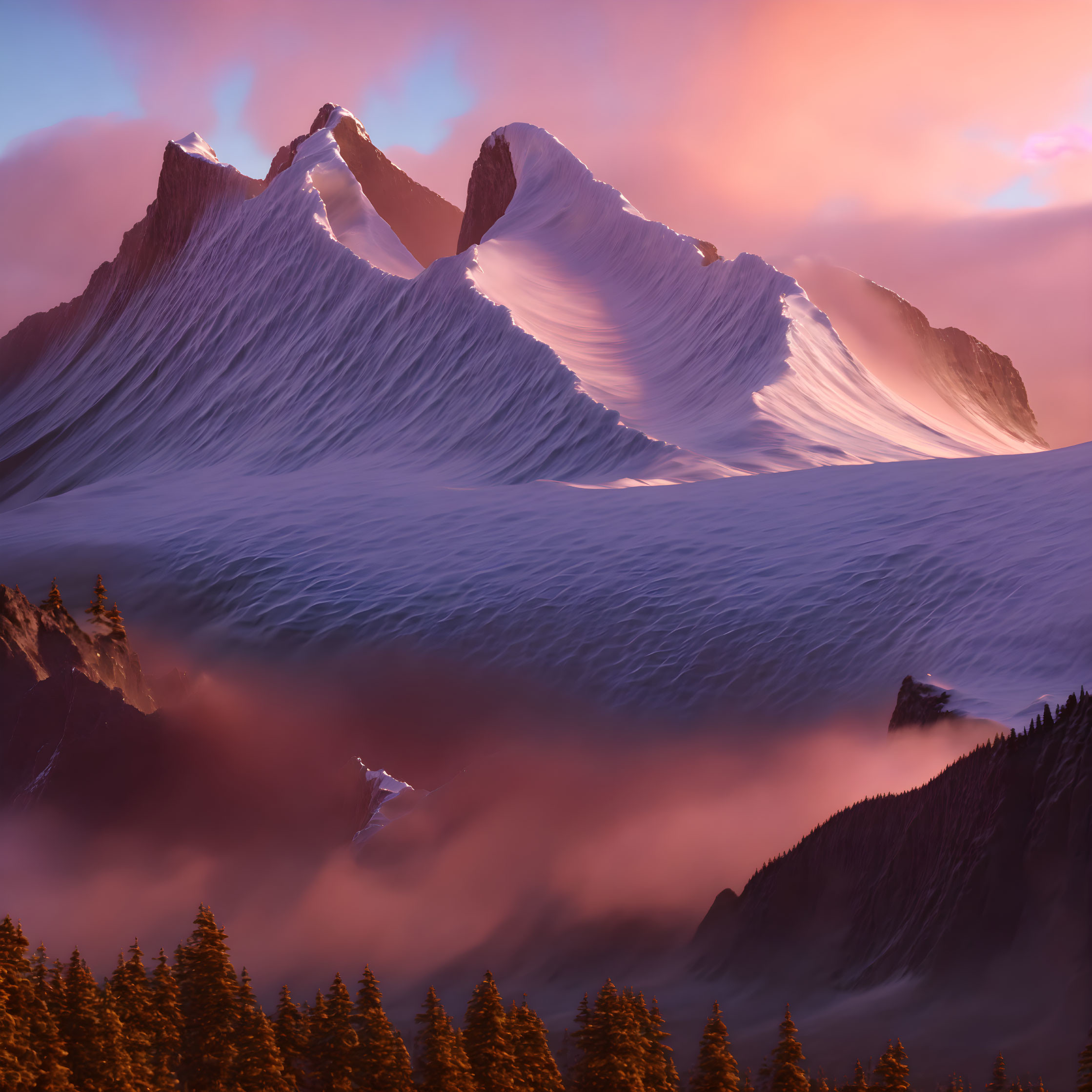 Majestic snow-covered mountain peaks at sunrise or sunset over misty forest