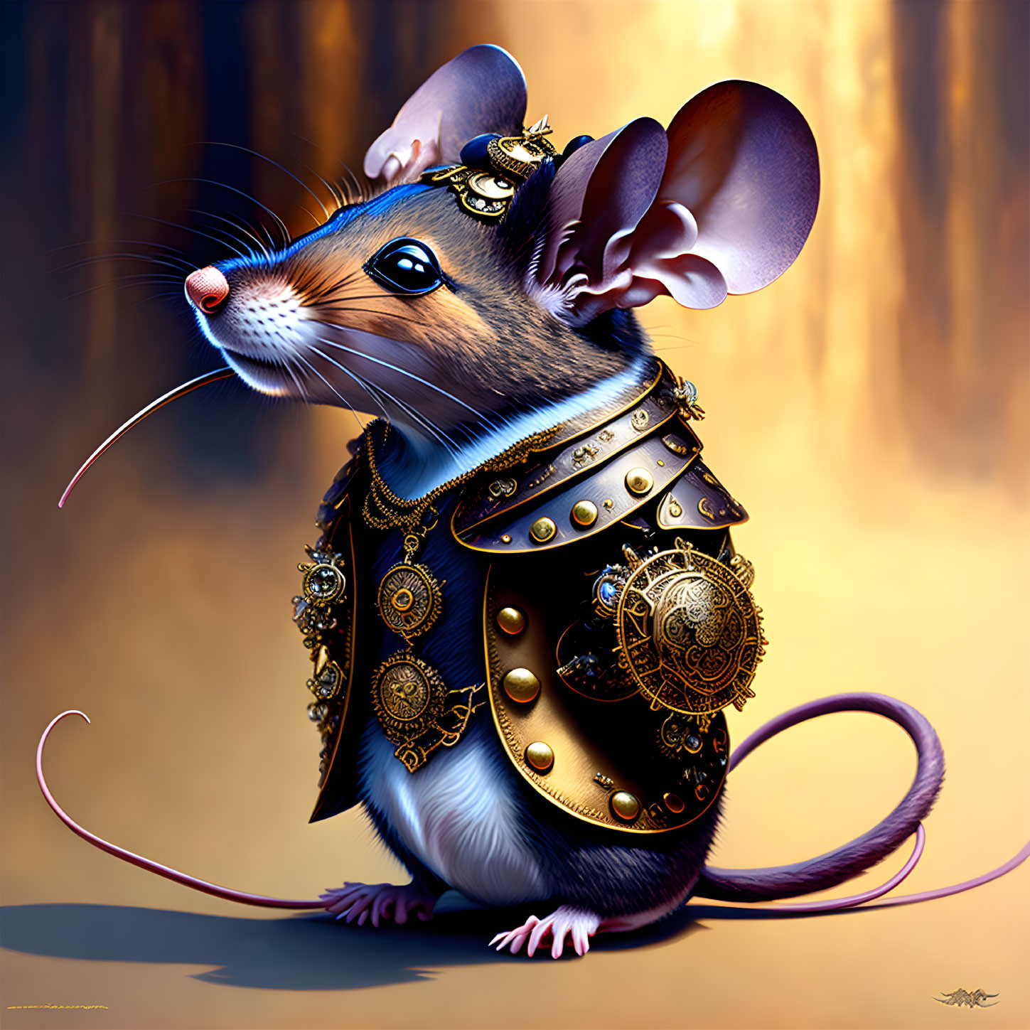 Regal Mouse in Golden Armor on Warm Background