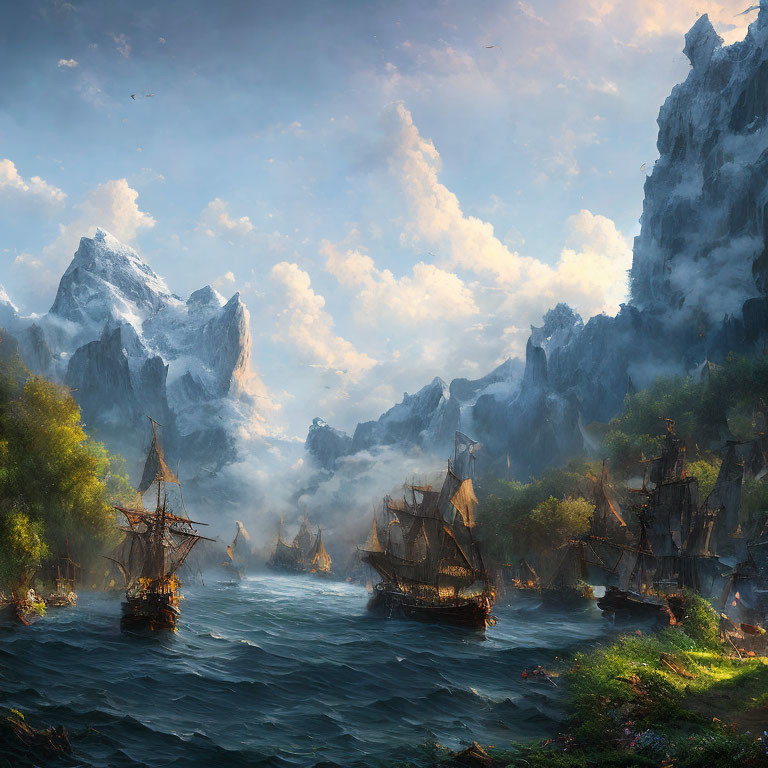 Wooden Ships Sailing on Misty River Amid Mountains at Sunrise or Sunset