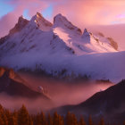 Majestic snow-covered mountain peaks at sunrise or sunset over misty forest