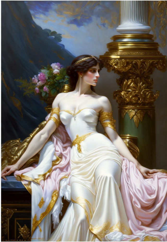 Classical-style painting of woman in white and gold gown by gilded column