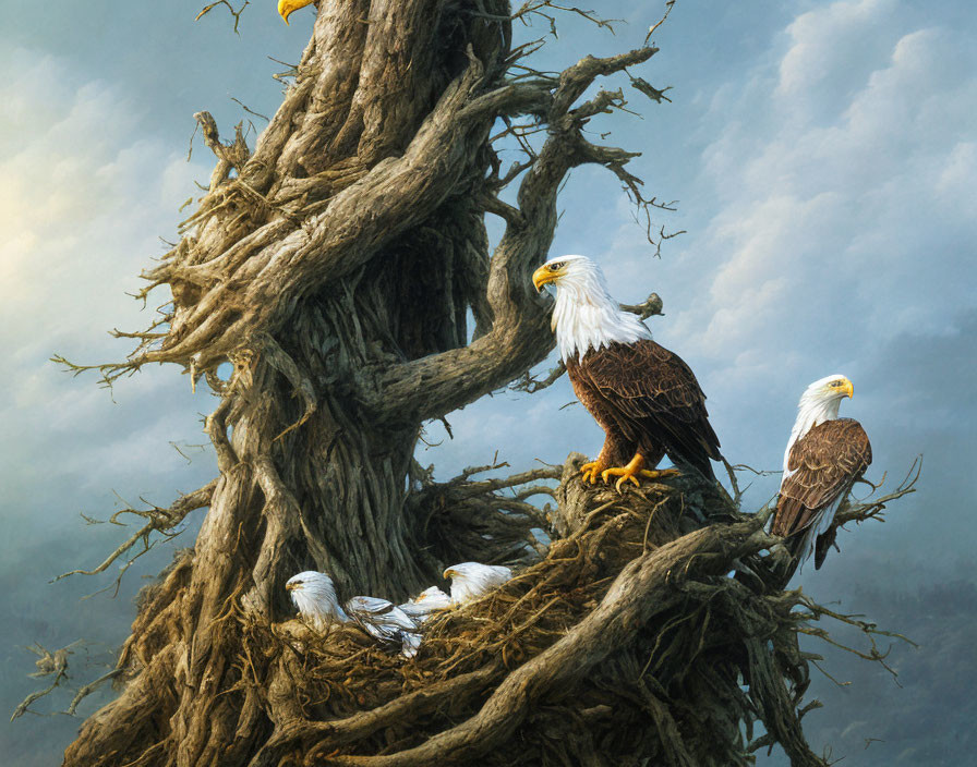 Three Bald Eagles Perched on Gnarled Tree Against Cloudy Sky