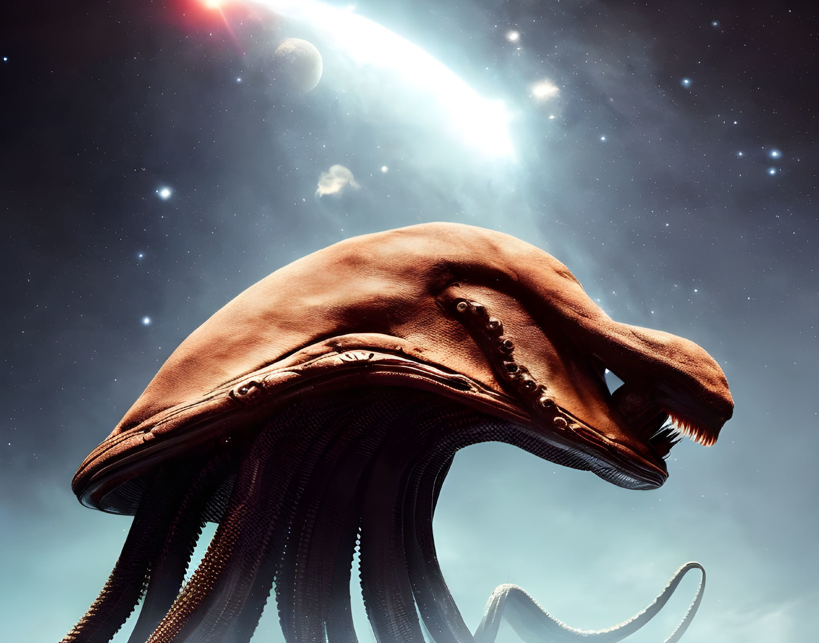 Surreal alien creature with tentacles in cosmic scene