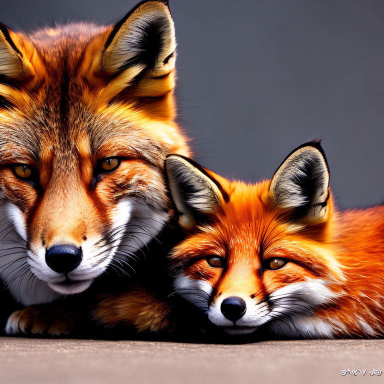 Two foxes in different poses on grey background