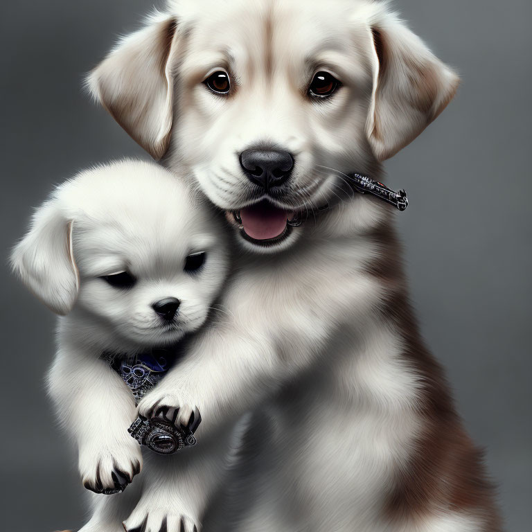 Golden retriever puppy with whistle and white puppy with medallion in digital illustration