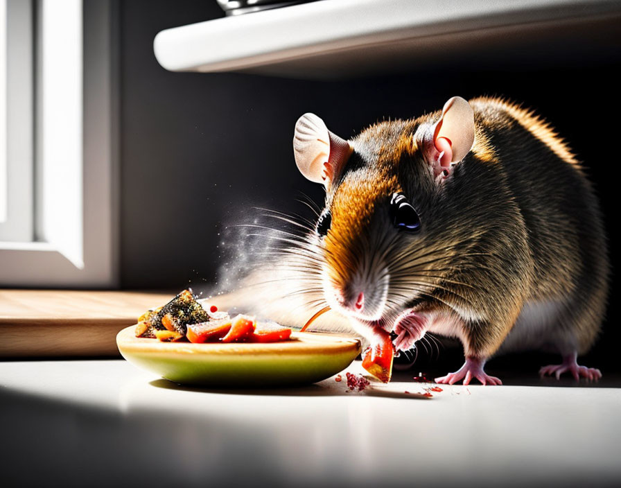 Large Rodent Eating Scraps on Plate Near Window