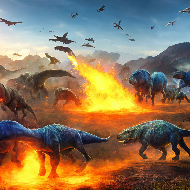 Dramatic prehistoric scene with roaring T-Rex and fleeing dinosaurs in chaotic landscape