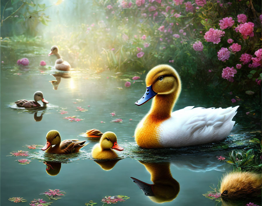 Tranquil pond with ducks, lush plants, and soft sunlight