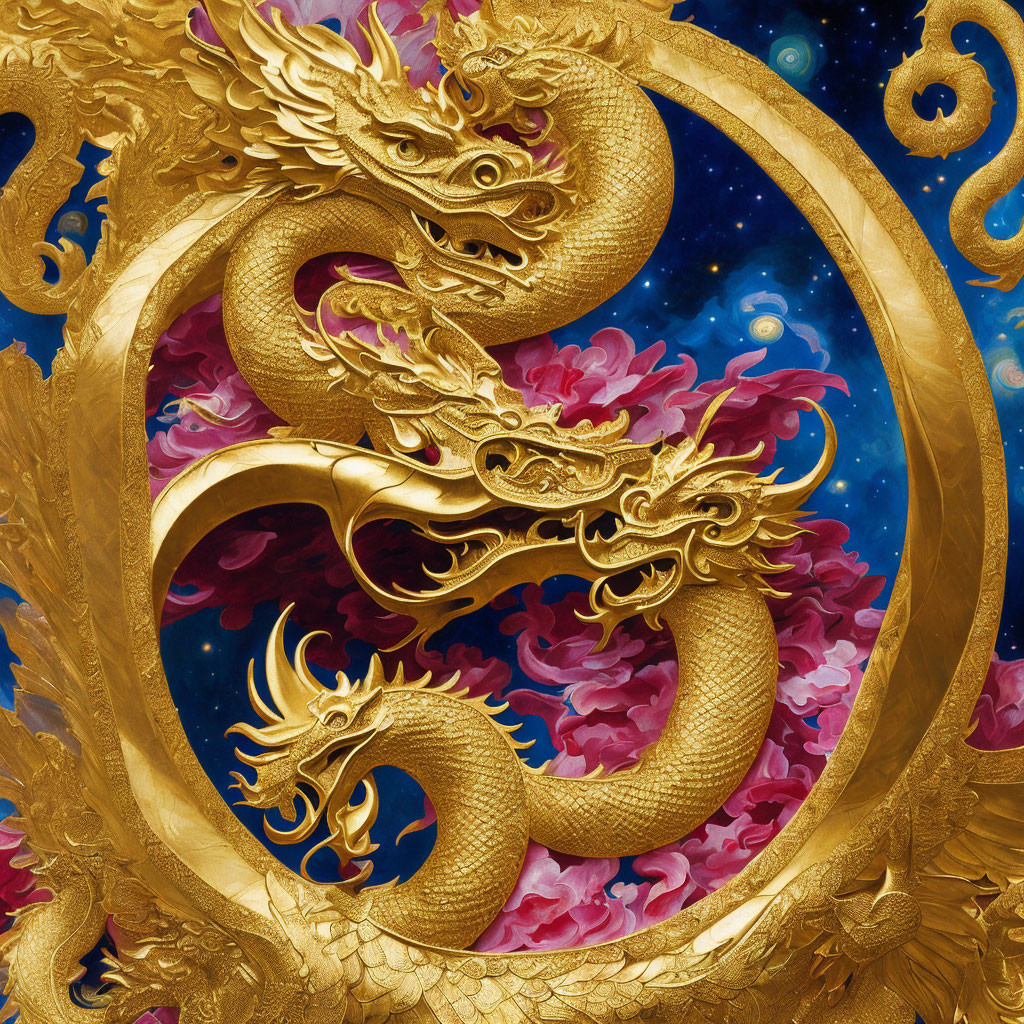 Golden Dragon Sculpture with Intricate Designs Among Pink Flowers and Starry Night Sky