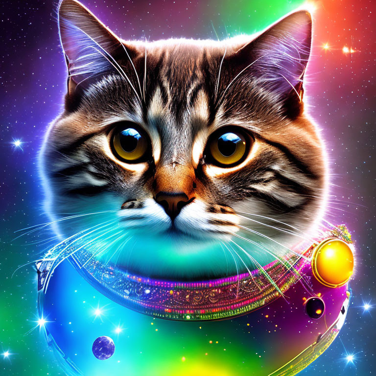 Colorful Nebula Cat Face Digital Artwork with Futuristic Elements